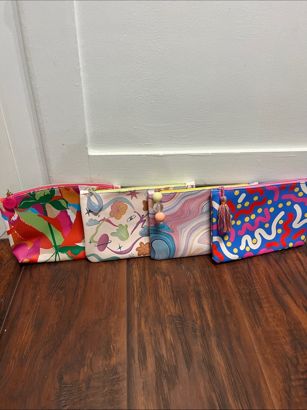 ipsy Colorful Floral & Abstract Cosmetic Pouch Set - Pink, Red, Blue, Cream